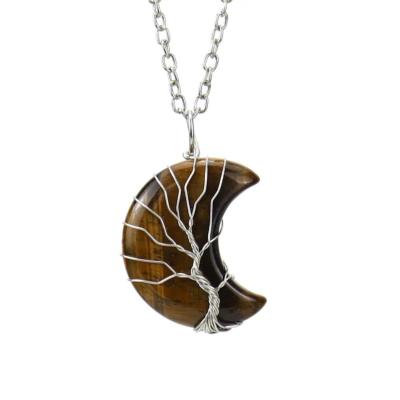 Pendentif Lune Arbre de vie en Œil de Tigre