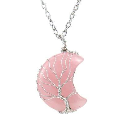 Pendentif Lune Arbre de Vie en Quartz rose